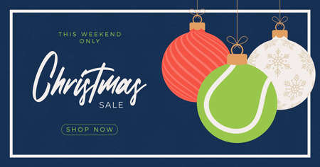 tennis Merry Christmas sale horizontal banner. Christmas card with sport tennis ball hang on a thread on background. Flat and cartoon Vector illustrationのイラスト素材