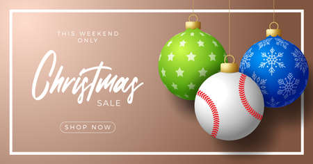 Merry Christmas and Happy New Year luxury Sports greeting card. baseball ball as a Christmas ball on background. Vector illustration.のイラスト素材