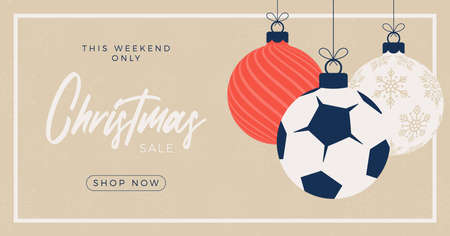 Soccer Merry Christmas sale horizontal banner. Christmas card with sport football ball hang on a thread on background. Flat and cartoon Vector illustrationのイラスト素材