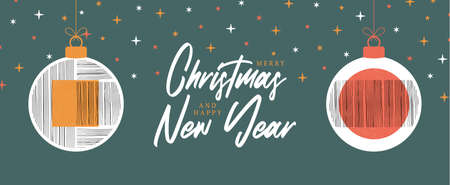 Christmas and New Year ball greeting card with decorative modern art Christmas balls and star backdrop. New year minimal 20s geometric design bauble, vector template with primitive shapes elementsのイラスト素材