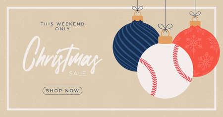 Baseball Merry Christmas sale horizontal banner. Christmas card with sport baseball ball hang on a thread on background. Flat and cartoon Vector illustrationのイラスト素材