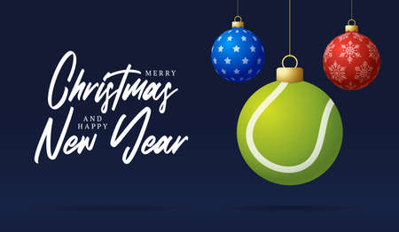 Tennis Merry Christmas and Happy New Year luxury Sports greeting card. Tennis ball as a Christmas ball on background. Vector illustration.のイラスト素材