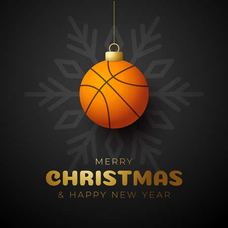 basketball Merry Christmas and Happy New Year luxury Sports greeting card. basketball ball as a Christmas ball on background. Vector illustration.のイラスト素材