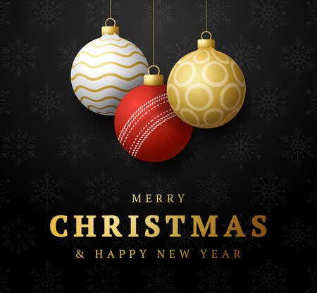 cricket Merry Christmas and Happy New Year luxury Sports greeting card. cricket ball as a Christmas ball on background. Vector illustration.のイラスト素材