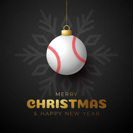Merry Christmas and Happy New Year luxury Sports greeting card. baseball ball as a Christmas ball on background. Vector illustration.のイラスト素材