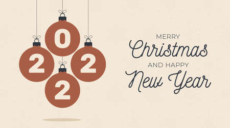 2022 boho New Year ball greeting card. retro Bohemian greeting cards Vector illustration with hanging christmas bauble in flat cartoon style. Sale or discount banner with xmas ballのイラスト素材