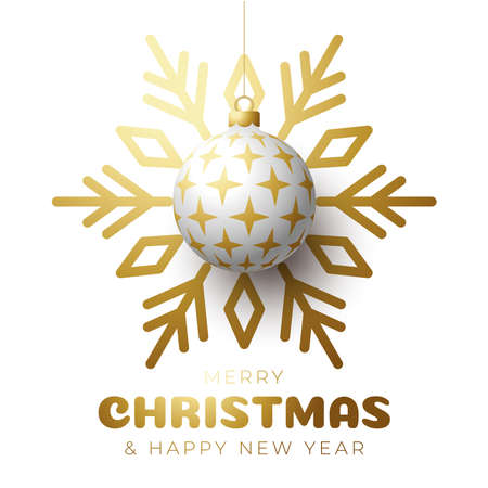 Merry christmas and happy new year banner. Vector illustration card with golden christmas tree ball on luxury snowflake background with modern letteringのイラスト素材