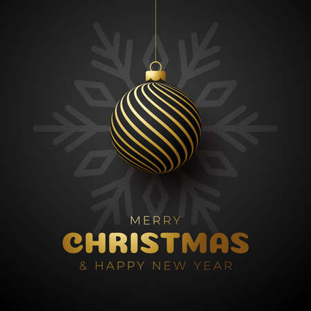 Merry christmas and happy new year banner. Vector illustration card with black golden christmas tree ball on luxury snowflake background with modern letteringのイラスト素材