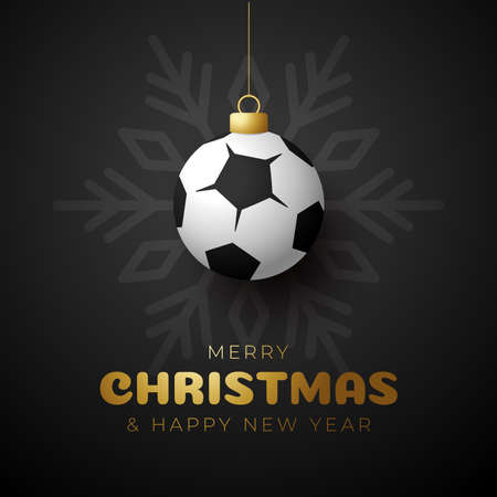 soccer Merry Christmas and Happy New Year luxury Sports greeting card. football ball as a Christmas ball on background. Vector illustration.のイラスト素材