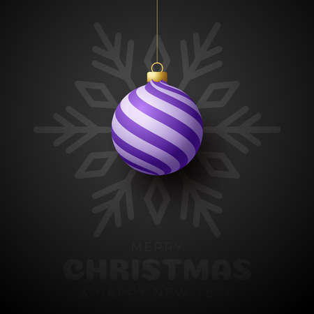 Merry christmas and happy new year banner. Vector illustration card with purple christmas tree ball on luxury snowflake background with modern letteringのイラスト素材