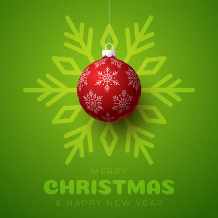 Merry christmas and happy new year banner. Vector illustration card with red christmas tree ball on luxury snowflake green background with modern letteringのイラスト素材