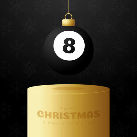 billiard Christmas bauble pedestal. Merry Christmas sport greeting card. Hang on a thread billiard...