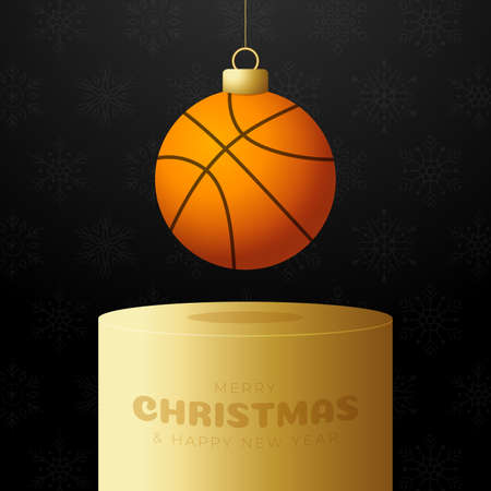 basketball Christmas bauble pedestal. Merry Christmas sport greeting card. Hang on a thread basketball ball as a xmas ball on golden podium on black background. Sport Vector illustration.のイラスト素材