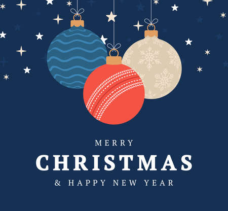 Cricket christmas greeting card. Merry Christmas and Happy New Year flat cartoon Sports banner. Cricket ball as a xmas ball on background. Vector illustration.のイラスト素材