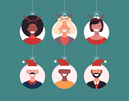 Christmas balls with cute person character man in santa hat and woman in deer horns. Merry christmas and happy new year greeting card banner Cartoon winter holidays setのイラスト素材
