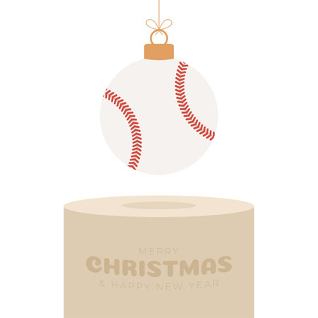 baseball Sport Christmas bauble pedestal. Merry Christmas sport greeting card. Hang on a thread baseball ball as a xmas ball on golden podium on white background. Sport Vector illustration.のイラスト素材