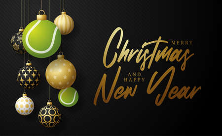 tennis Christmas card. Merry Christmas sport greeting card. Hang on a thread Tennis ball as a xmas ball and golden bauble on black horizontal background. Sport Vector illustration.のイラスト素材