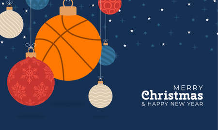 Basketball christmas greeting card. Merry Christmas and Happy New Year flat cartoon Sports banner. basketball ball as a xmas ball on background. Vector illustration.のイラスト素材