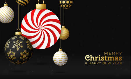 Candy Christmas card. Merry Christmas sweet greeting card. Hang on a thread mint candy lollipop ball as a xmas ball and golden bauble on black horizontal background. Vector illustration.のイラスト素材