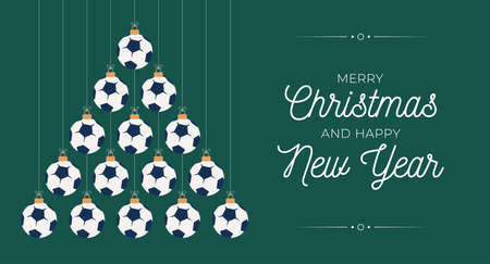 soccer Christmas and new year greeting card bauble tree. Creative Xmas tree made by football ball on black background for Christmas and New Year celebration. Sport greeting cardのイラスト素材