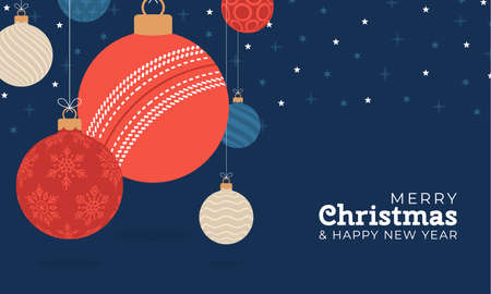 Cricket christmas greeting card. Merry Christmas and Happy New Year flat cartoon Sports banner. Cricket ball as a xmas ball on background. Vector illustration.のイラスト素材