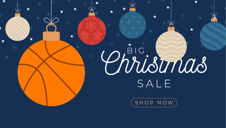 Basketball christmas greeting card. Merry Christmas and Happy New Year flat cartoon Sports banner. basketball ball as a xmas ball on background. Vector illustration.のイラスト素材