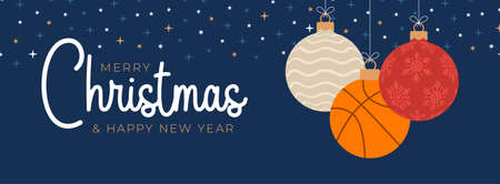 Basketball christmas greeting card. Merry Christmas and Happy New Year flat cartoon Sports banner. basketball ball as a xmas ball on background. Vector illustration.のイラスト素材