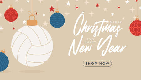 volleyball christmas greeting card. Merry Christmas and Happy New Year flat cartoon Sports banner. volleyball ball as a xmas ball on background. Vector illustration.のイラスト素材