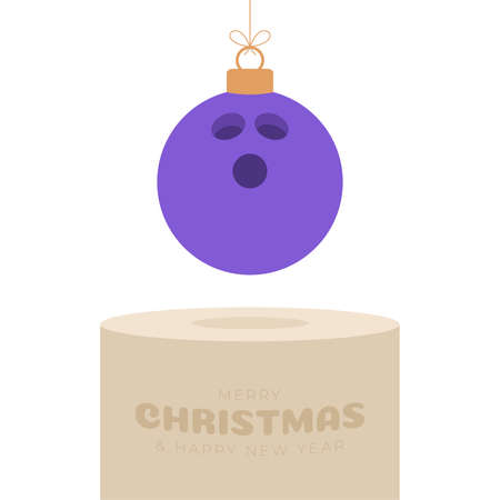 bowling Christmas bauble pedestal. Merry Christmas sport greeting card. Hang on a thread bowling ball as a xmas ball on golden podium on white background. Sport Vector illustration.のイラスト素材