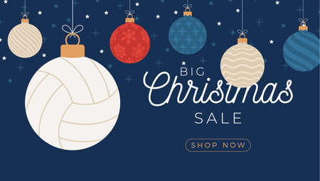 volleyball christmas greeting card. Merry Christmas and Happy New Year flat cartoon Sports banner. volleyball ball as a xmas ball on background. Vector illustration.のイラスト素材