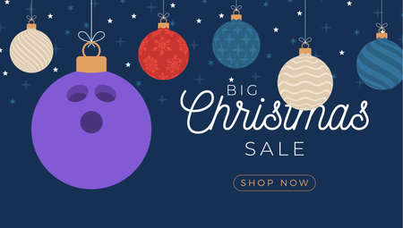 bowling christmas greeting card. Merry Christmas and Happy New Year flat cartoon Sports banner. bowling ball as a xmas ball on background. Vector illustration.のイラスト素材