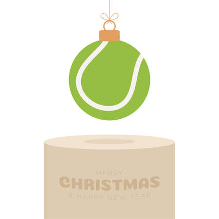 Tennis Christmas bauble pedestal. Merry Christmas sport greeting card. Hang on a thread Tennis ball as a xmas ball on golden podium on white background. Sport Vector illustration.のイラスト素材