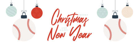 baseball christmas greeting card. Merry Christmas and Happy New Year flat cartoon Sports banner. baseball ball as a xmas ball on background. Vector illustration.のイラスト素材