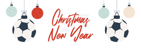 football christmas greeting card. Merry Christmas and Happy New Year flat cartoon Sports banner. soccer ball as a xmas ball on background. Vector illustration.のイラスト素材