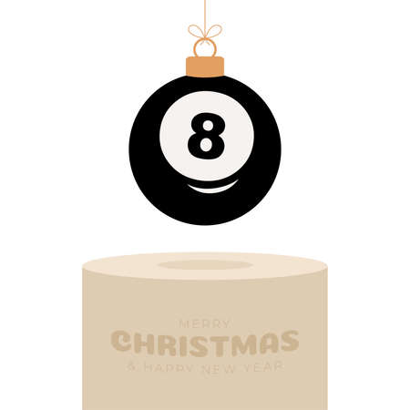 billiard Christmas bauble pedestal. Merry Christmas sport greeting card. Hang on a thread billiard ball as a xmas ball on golden podium on white background. Sport Vector illustration.のイラスト素材