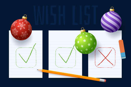 New year wish plan list. New year goals list. 2022 resolutions text on notepad. Action plan. Pencils and realistic tree ball bauble colorfulのイラスト素材
