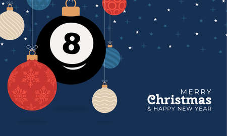 billiard christmas greeting card. Merry Christmas and Happy New Year flat cartoon Sports banner. billiard ball as a xmas ball on background. Vector illustration.のイラスト素材
