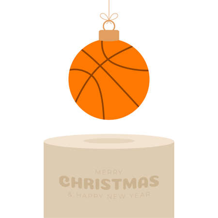 basketball Christmas bauble pedestal. Merry Christmas sport greeting card. Hang on a thread basketball ball as a xmas ball on golden podium on white background. Sport Vector illustration.のイラスト素材