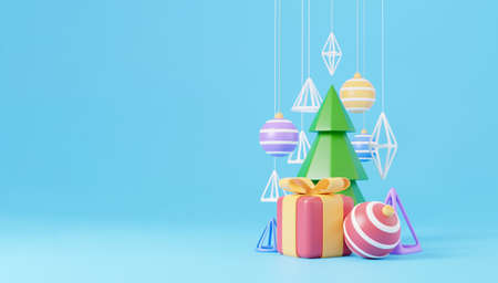 New Year and Christmas 3d design. Realistic gifts box, xmas fir tree, ball, candy and decorative...