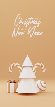 3d Christmas tree with red gift box and ball gold background, xmas poster, web banner. 3d render illustration minimal style christmas and new year conceptの写真素材