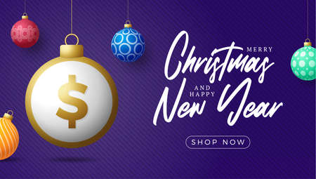 Merry Christmas gold dollar symbol banner. Dollar sign as christmas bauble ball hanging greeting card. Vector image for xmas, finance, new years day, banking, moneyのイラスト素材