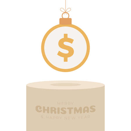 Money Christmas bauble pedestal. Merry Christmas money greeting card. Hang on a thread coin dollar ball as a xmas ball on golden podium on white background. Economy Vector illustration.のイラスト素材