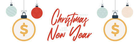 Merry Christmas dollar symbol banner. Dollar sign as christmas bauble ball hanging greeting card. Vector image for xmas, finance, new years day, banking, moneyのイラスト素材