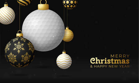 golf Christmas card. Merry Christmas sport greeting card. Hang on a thread golf ball as a xmas ball and golden bauble on black horizontal background. Sport Vector illustration.のイラスト素材