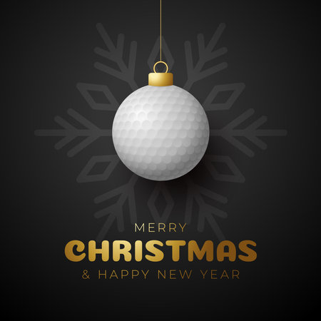 golf Christmas card. Merry Christmas sport greeting card. Hang on a thread golf ball as a xmas ball and golden bauble on black horizontal background. Sport Vector illustration.のイラスト素材