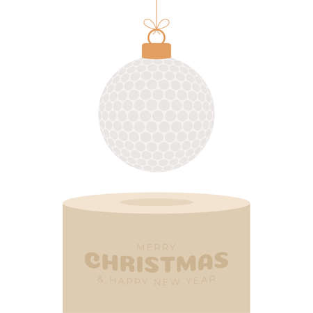 golf Christmas bauble pedestal. Merry Christmas sport greeting card. Hang on a thread golf ball as a xmas ball on golden podium on black background. Sport Vector illustration.のイラスト素材