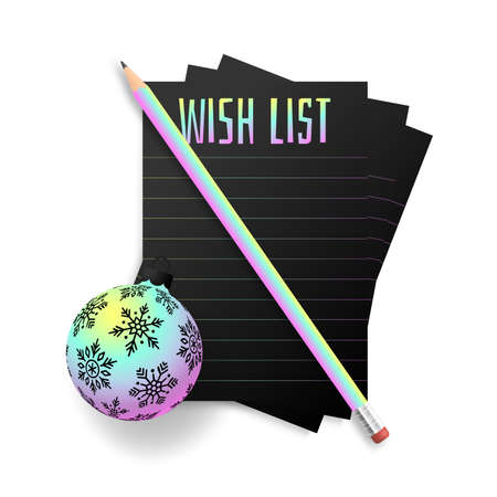 New year holographic wish plan list. New year goals list. 2022 resolutions text on notepad. Action plan. Pencils and realistic tree ball bauble hologram color.のイラスト素材
