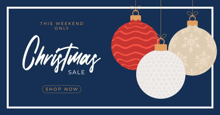 Golf christmas sale banner. Merry Christmas and Happy New Year flat cartoon Sports banner. golf ball as a xmas ball on background. Vector illustration.のイラスト素材