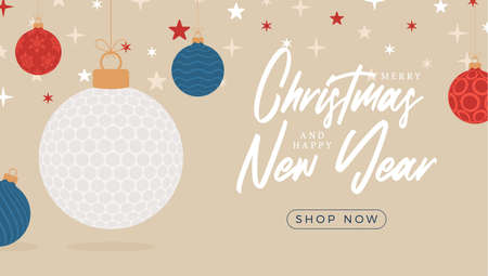 Golf christmas sale banner. Merry Christmas and Happy New Year flat cartoon Sports banner. golf ball as a xmas ball on background. Vector illustration.のイラスト素材