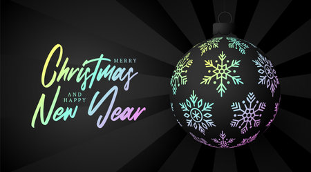 Christmas greeting card Holographic foil bauble ball. Merry Christmas and Happy New Year banner with iridescent realistic festive ball gradient holographic neon shade color. Vector illustrationのイラスト素材